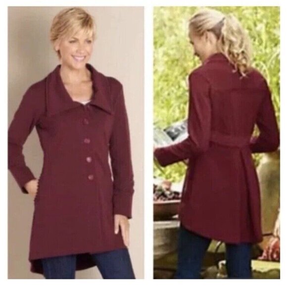SOFT SURROUNDINGS Rachel Embroidered Burgundy Stretch Button Down Coat - Picture 1 of 15
